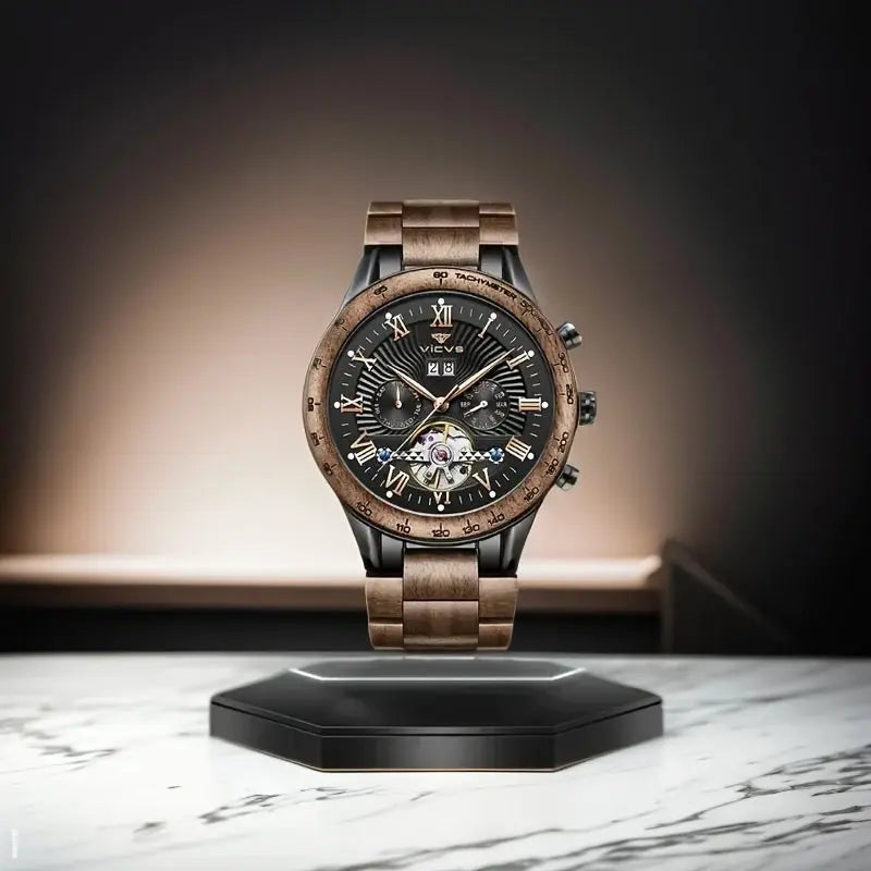 Men's automatic wooden watch with black dial and brown wooden band by Alcom Distribution