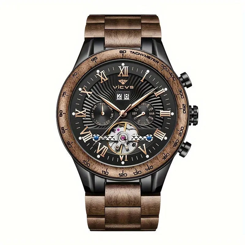Men's automatic wooden watch by Alcom Distribution with black dial and detailed chronograph features