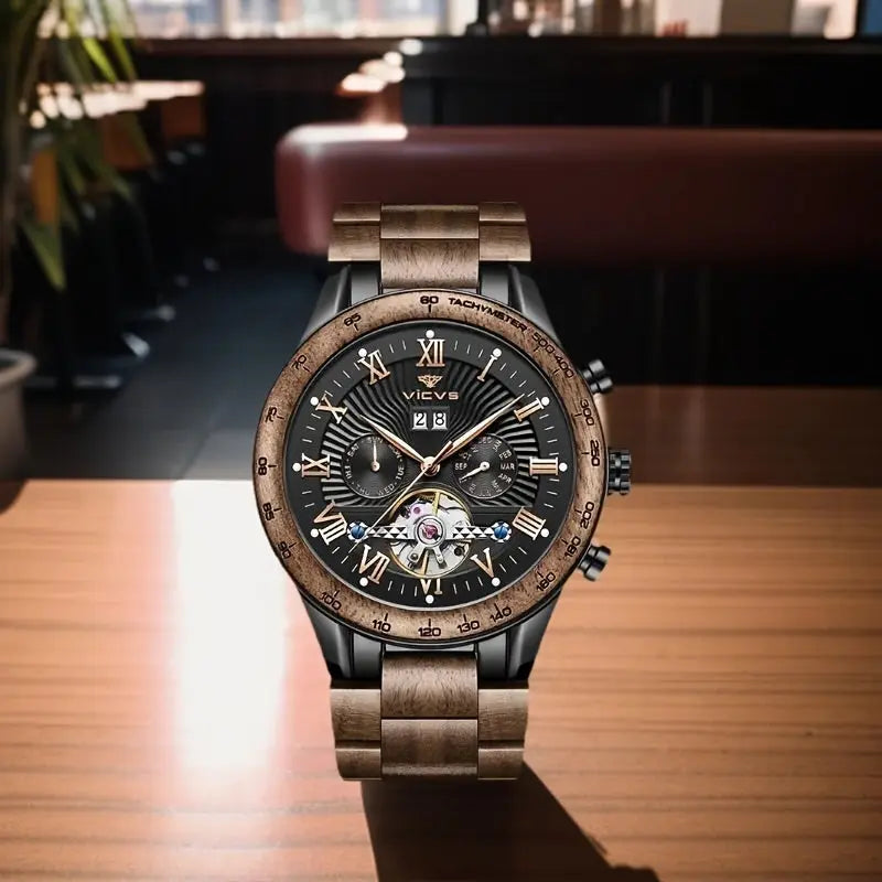 Alcom Distribution men's automatic wooden watch with black dial and wooden band on table