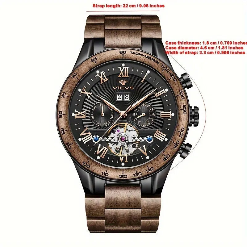Men's automatic wooden watch by Alcom Distribution with black dial and brown wooden strap