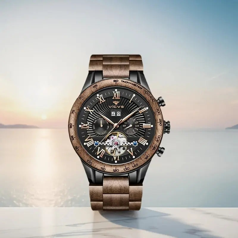 Men's automatic wooden watch by Alcom Distribution with black dial and wooden strap against sunset background