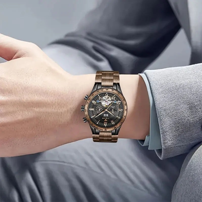 Men's automatic wooden watch on wrist featuring dark wood finish and black dial with Roman numerals