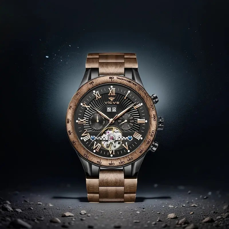 Men's automatic wooden watch with black dial and Roman numerals by Alcom Distribution