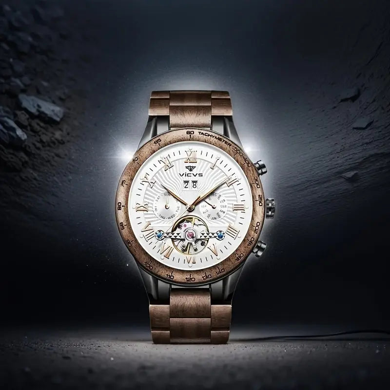 Men's automatic wooden watch by Alcom Distribution with wooden bezel and band on black background