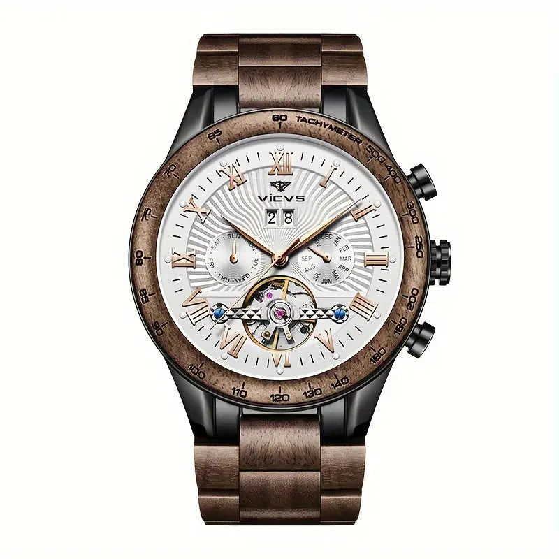 Men's automatic wooden watch by Alcom Distribution with brown wooden band and detailed white dial