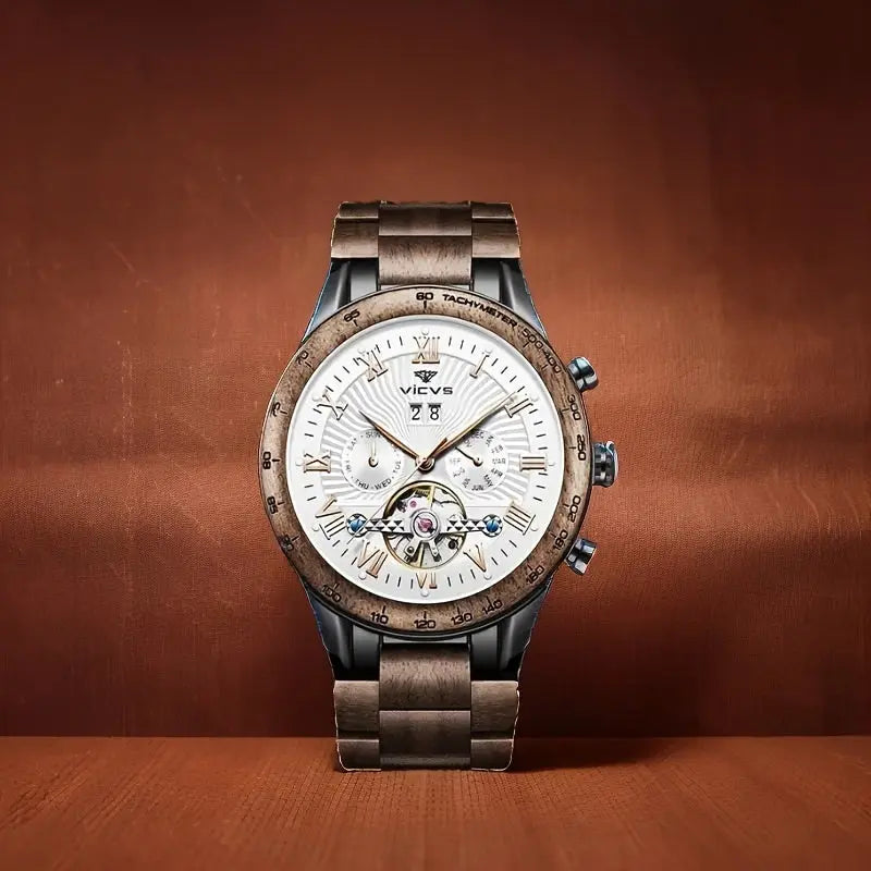 Men's automatic wooden watch by Alcom Distribution with a detailed white dial and brown wooden strap