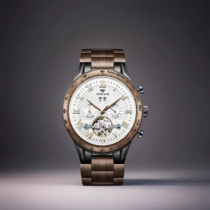 Alcom Distribution men's automatic wooden watch with white dial and brown wooden strap