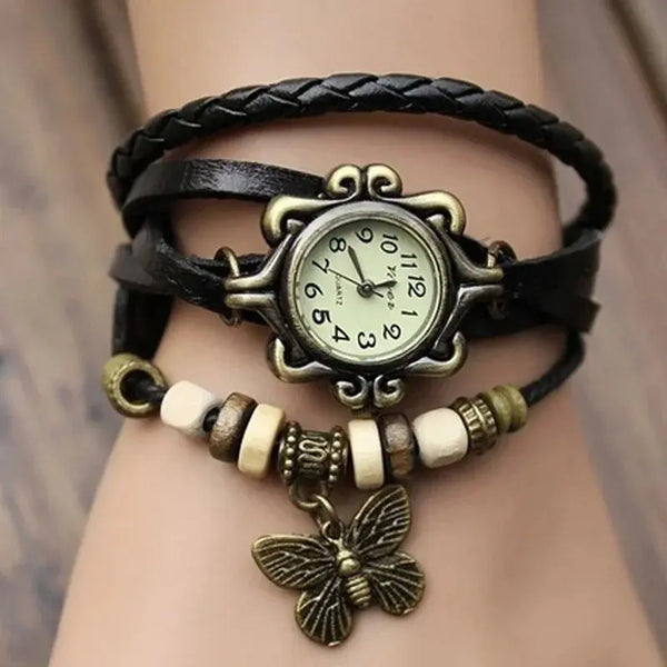 Vintage butterfly bracelet watch with leather straps and decorative beads by Alcom Distribution