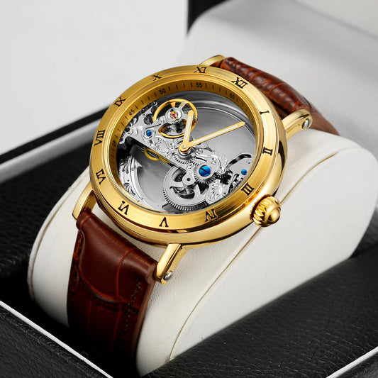 Alcom Distribution vintage golden skeleton watch with brown leather strap and transparent mechanical dial