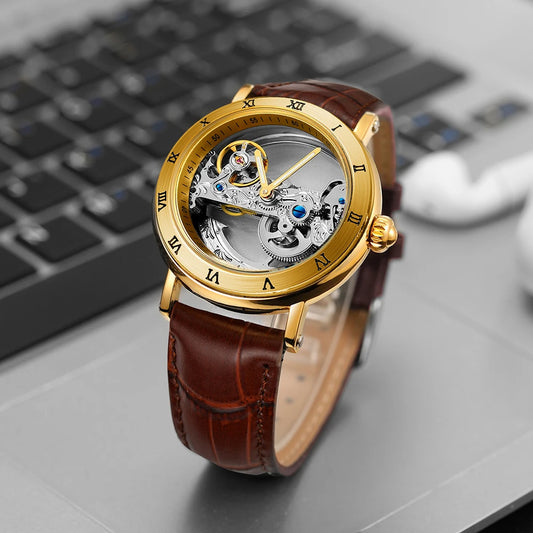 Alcom Distribution vintage golden skeleton watch with brown leather strap and visible mechanical movement