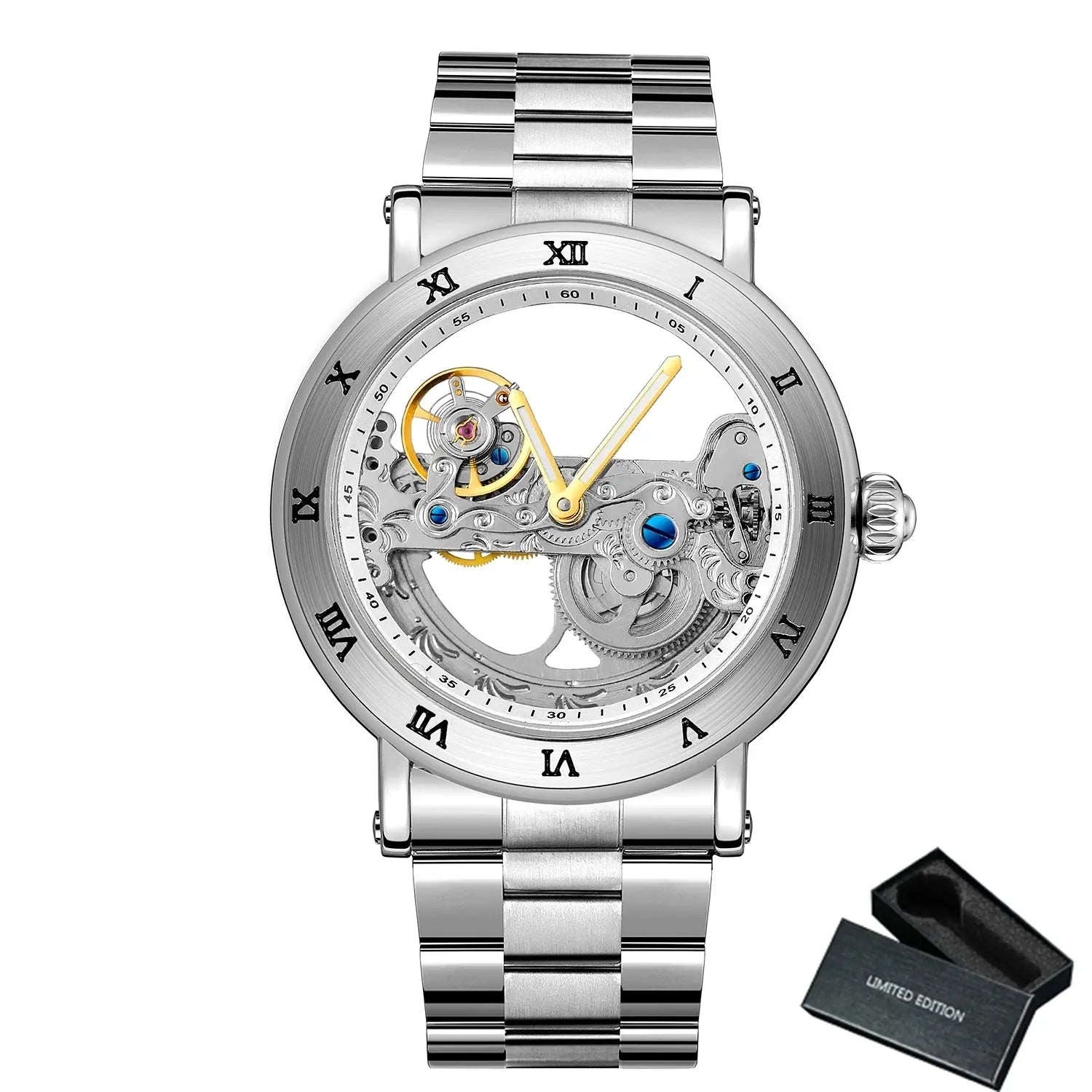 Alcom Distribution vintage golden skeleton watch with silver metal band and visible mechanical gears