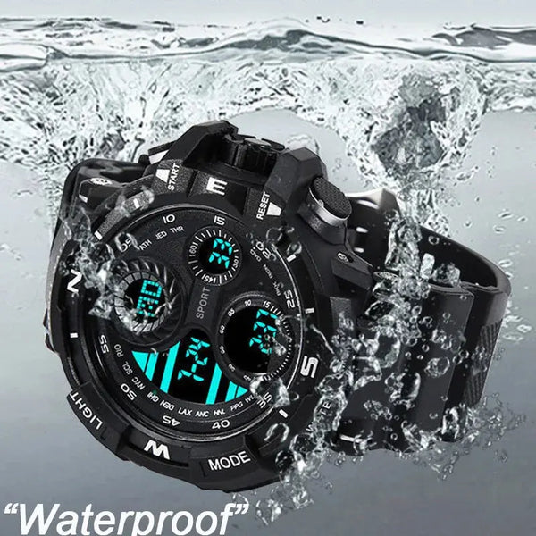 Alcom Distribution waterproof chronograph sports watch submerged in water with digital display