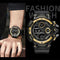 Waterproof chronograph sports watch by Alcom Distribution with black and gold design on wrist