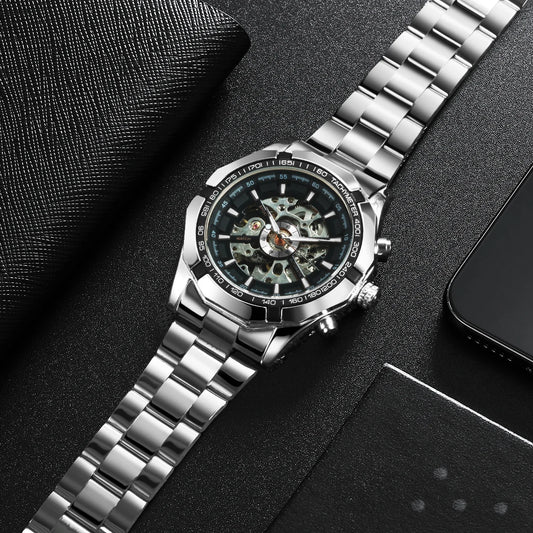 Alcom Distribution skeleton mechanical watch with silver metal band and exposed gear design
