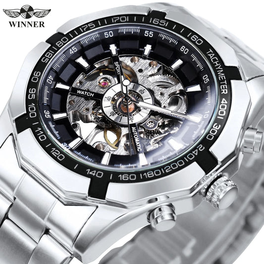 Alcom Distribution silver skeleton mechanical watch with exposed gears and tachymeter bezel