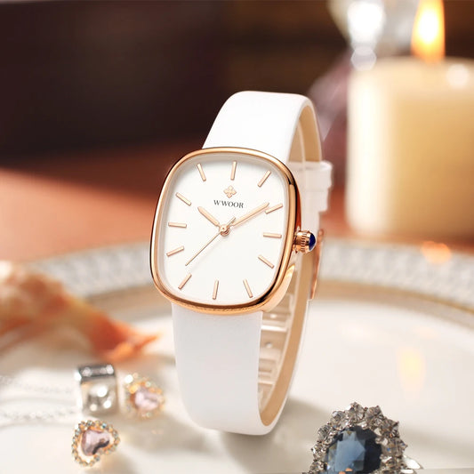 Elegant waterproof quartz watch with white strap and rose gold square face by Alcom Distribution