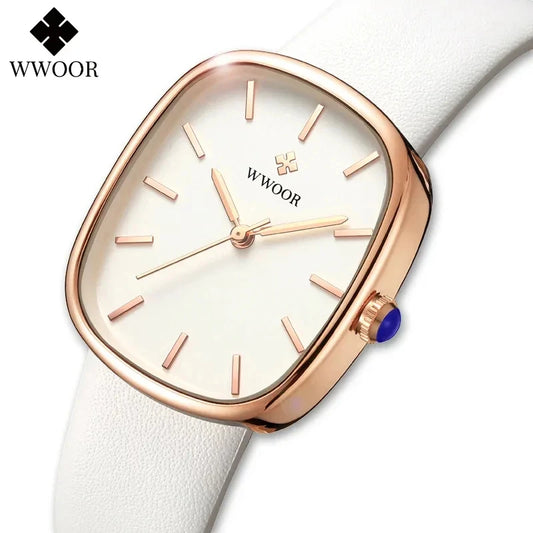 WWOOR elegant waterproof quartz watch with rose gold case and white leather strap by Alcom Distribution