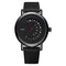 Yazole men's quartz watch with black leather strap and unique spiral dial design