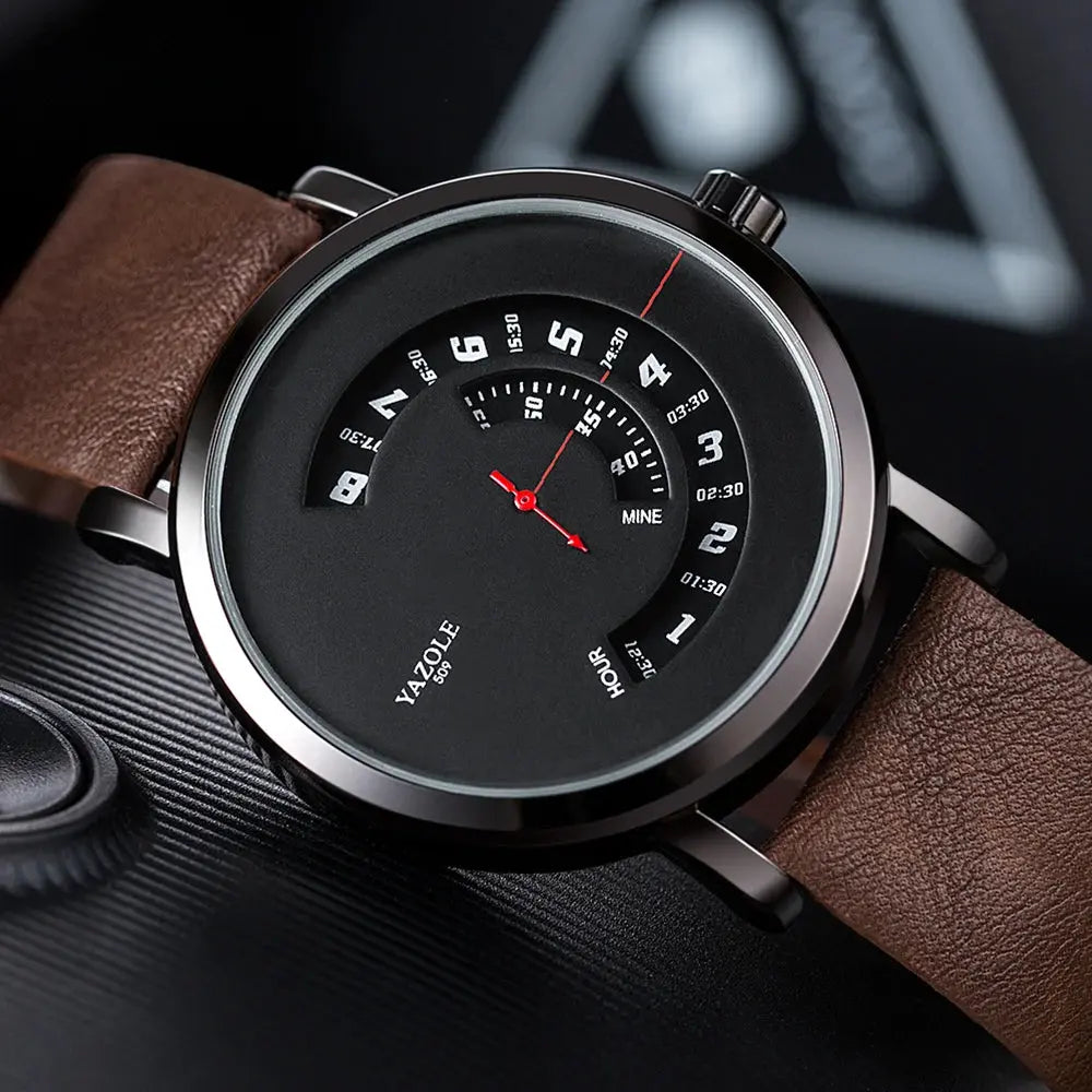 Yazole men's quartz watch with black unique dial and brown leather strap by Alcom Distribution