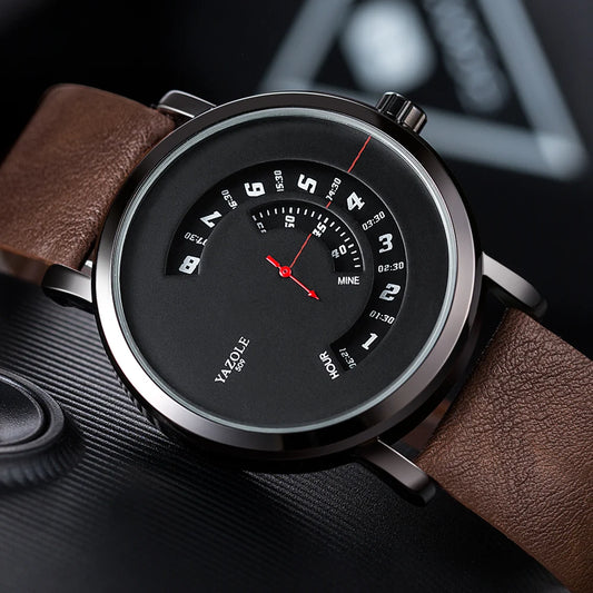 Yazole men's quartz watch with black unique dial and brown leather strap by Alcom Distribution