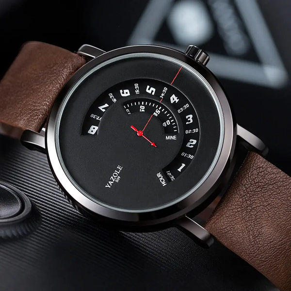 Yazole men's quartz watch with black unique dial and brown leather strap by Alcom Distribution