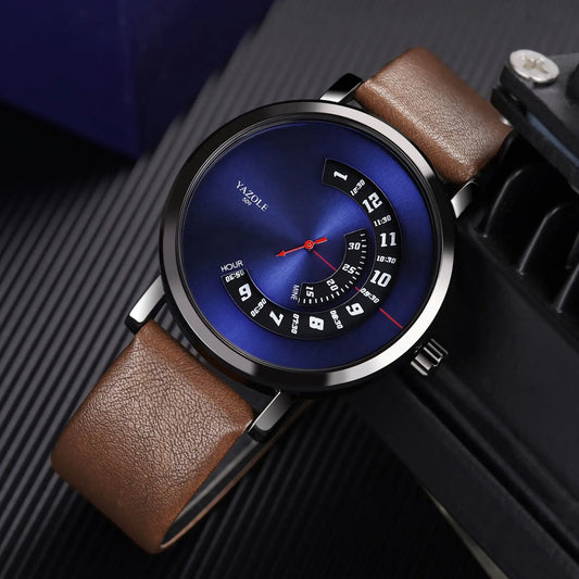 Yazole men's quartz watch with blue dial and brown leather strap by Alcom Distribution