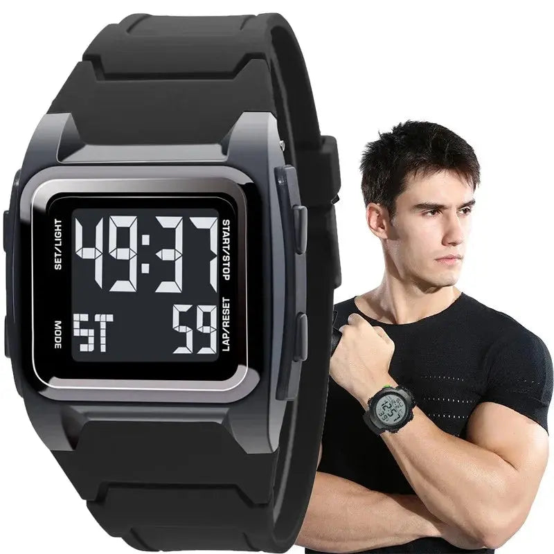 Alcom Distribution 50M waterproof watch with digital display and black silicone strap on male model