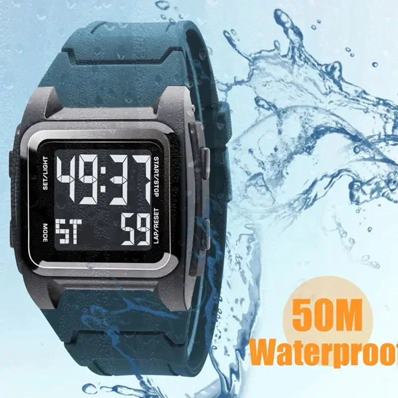 Digital black 50M waterproof watch with blue strap and water splash background by Alcom Distribution