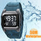 Digital black 50M waterproof watch with blue strap and water splash background by Alcom Distribution