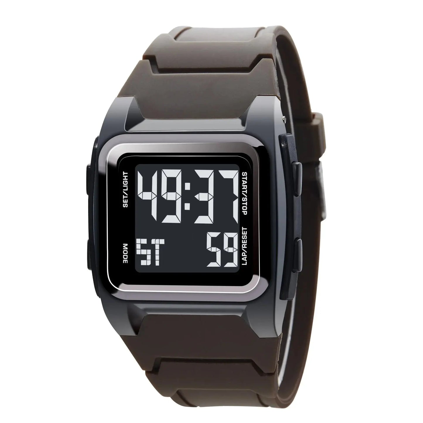 Alcom Distribution digital 50M waterproof watch with black rubber strap and rectangular face