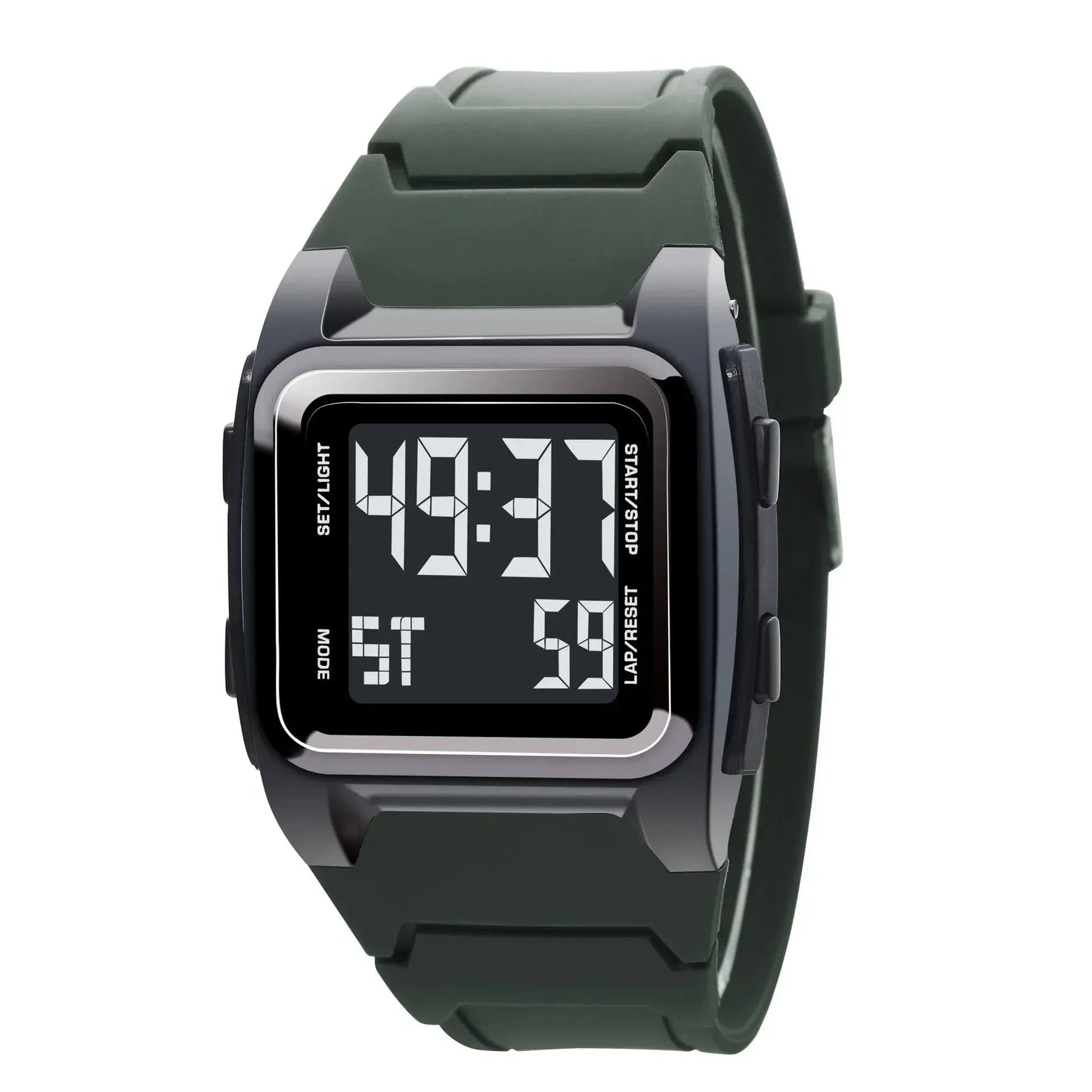 Alcom Distribution digital 50M waterproof watch with black square face and green rubber strap