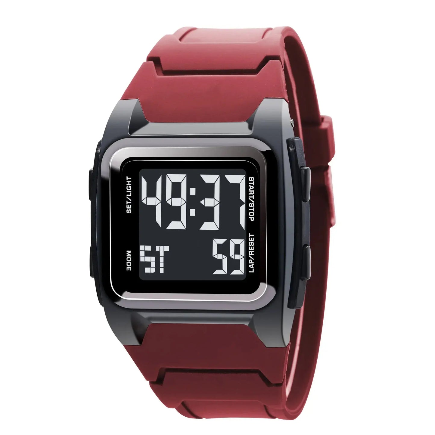 Alcom Distribution digital watch with red band and 50M waterproof watch feature