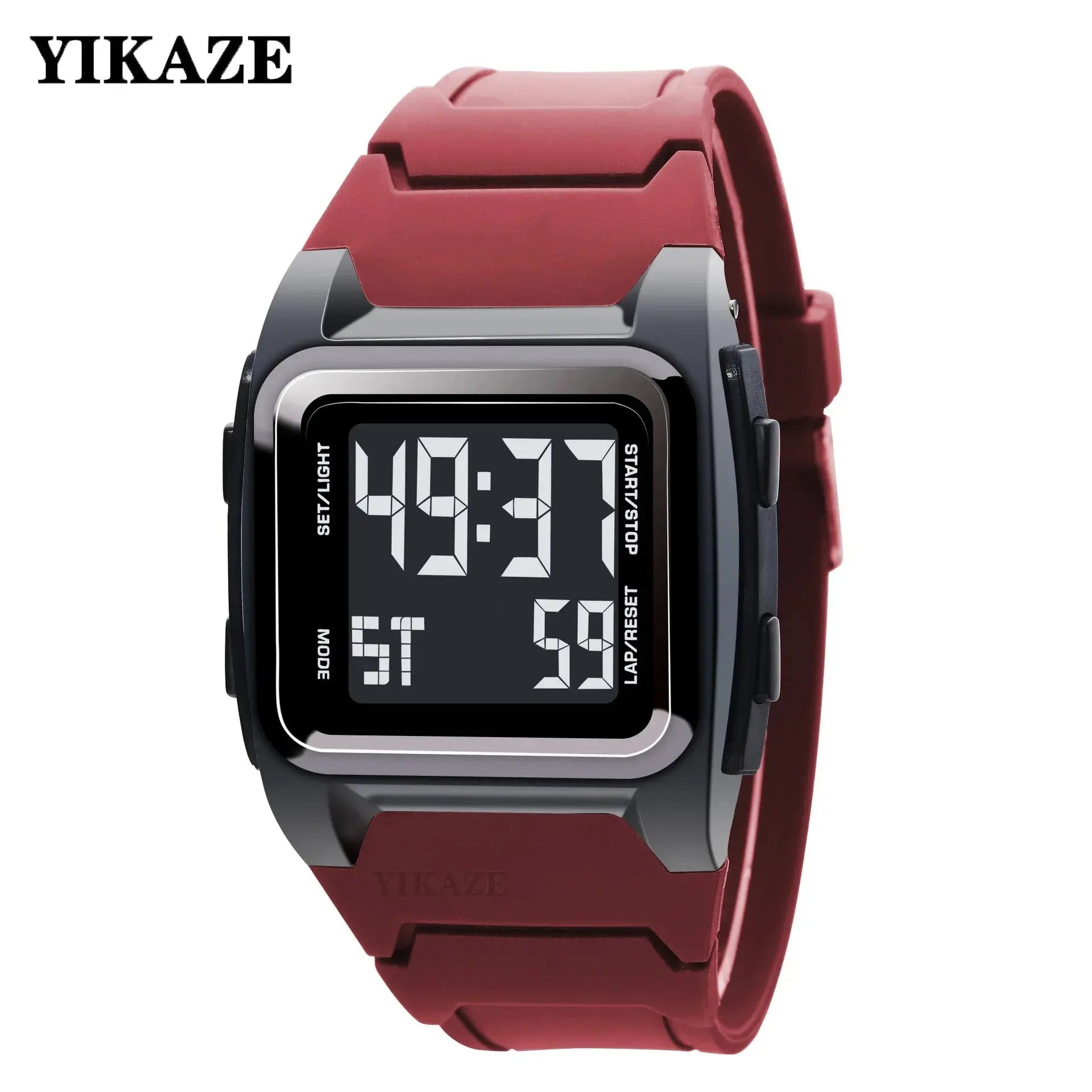 Yikaze digital watch with red strap and black case 50M waterproof watch from Alcom Distribution