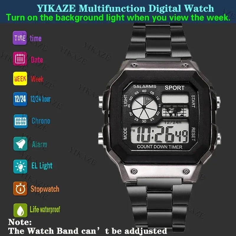 Alcom Distribution stainless steel sports watch for men with multifunction digital display and countdown timer