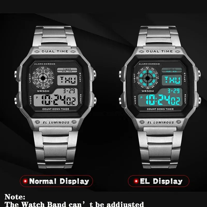 Alcom Distribution stainless steel sports watch for men with dual time and EL luminous display