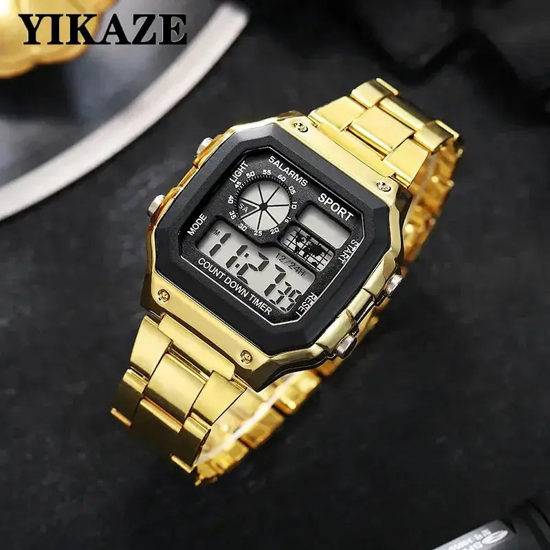 Gold stainless steel sports watch for men with digital display and multifunctional features