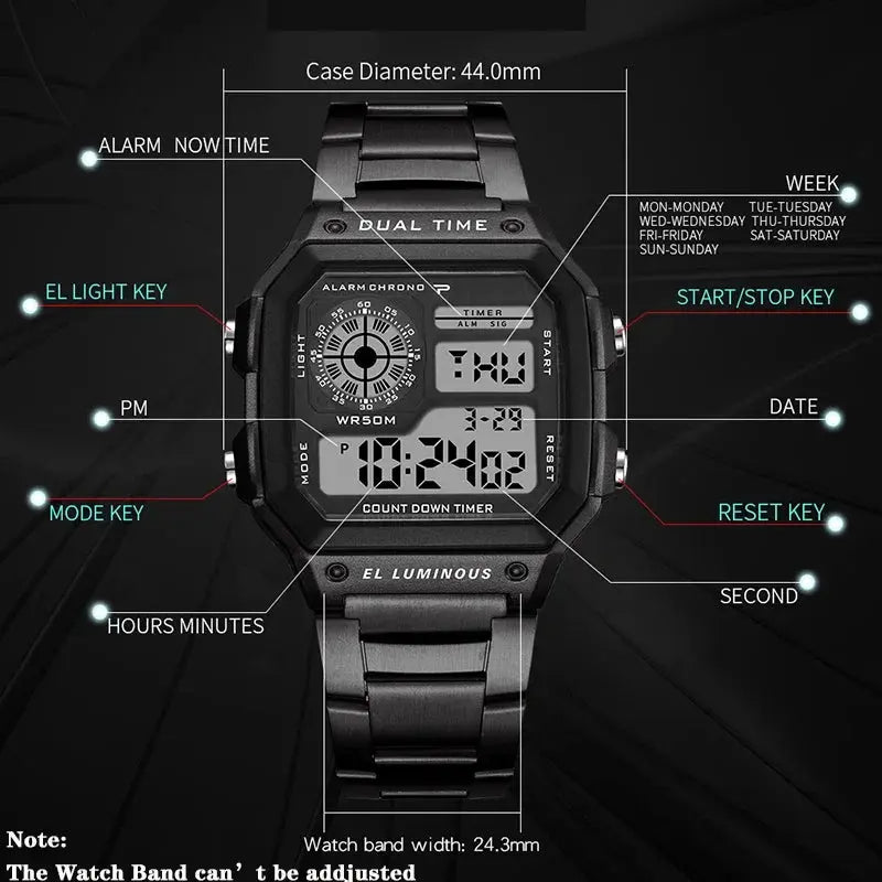 Alcom Distribution stainless steel sports watch for men with digital dual time and countdown timer