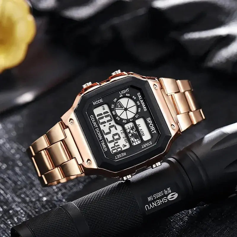 Stainless steel sports watch for men by Alcom Distribution with digital display and rose gold band