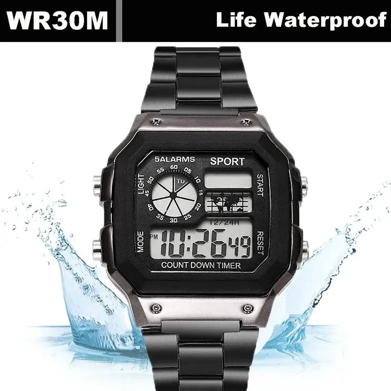 Alcom Distribution stainless steel sports watch for men with digital display and waterproof design